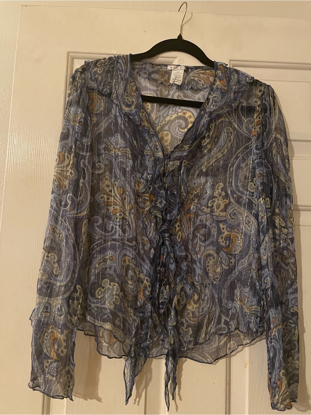 Vintage PAGE 95% Silk Metallic Paisley Blouse Small Made in USA Ruffle